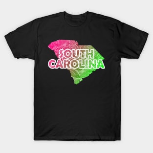 Colorful mandala art map of South Carolina with text in pink and green T-Shirt